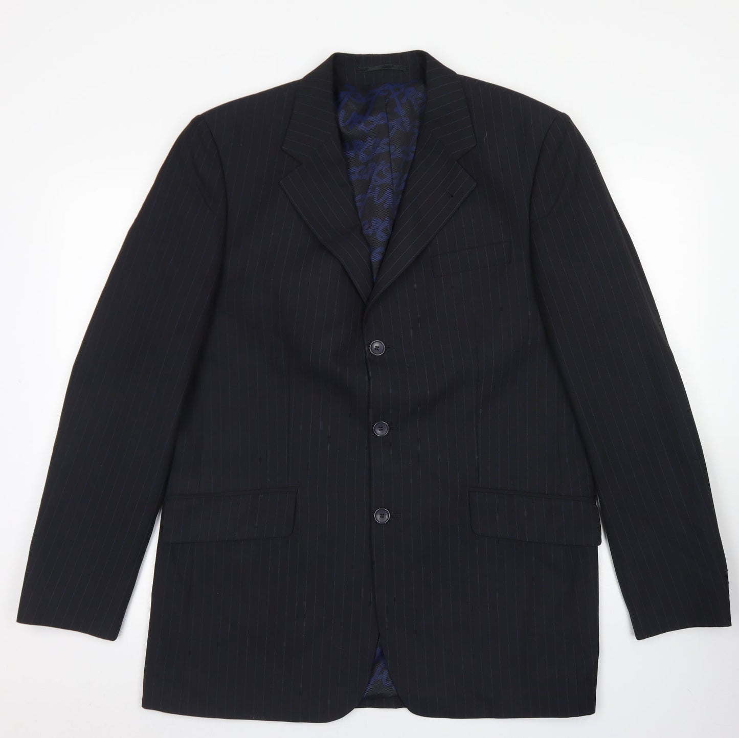 George Mens Black Striped Polyester Jacket Blazer Size 40