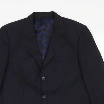 George Mens Black Striped Polyester Jacket Blazer Size 40