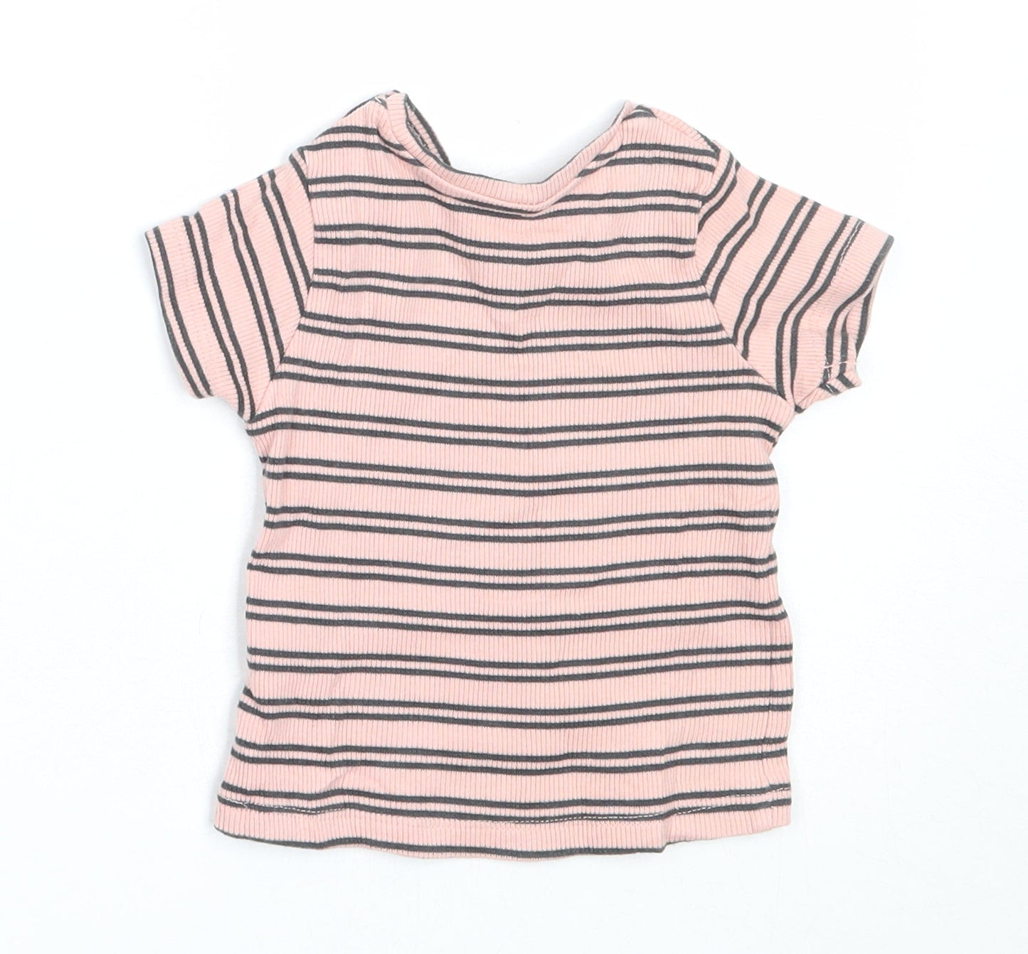 Primark Girls Pink Striped Cotton Basic T-Shirt Size 3-6 Months Round Neck