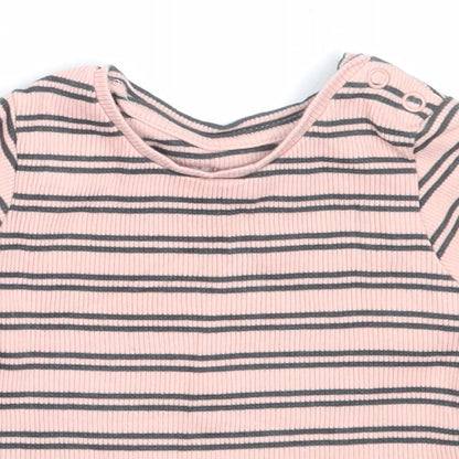 Primark Girls Pink Striped Cotton Basic T-Shirt Size 3-6 Months Round Neck