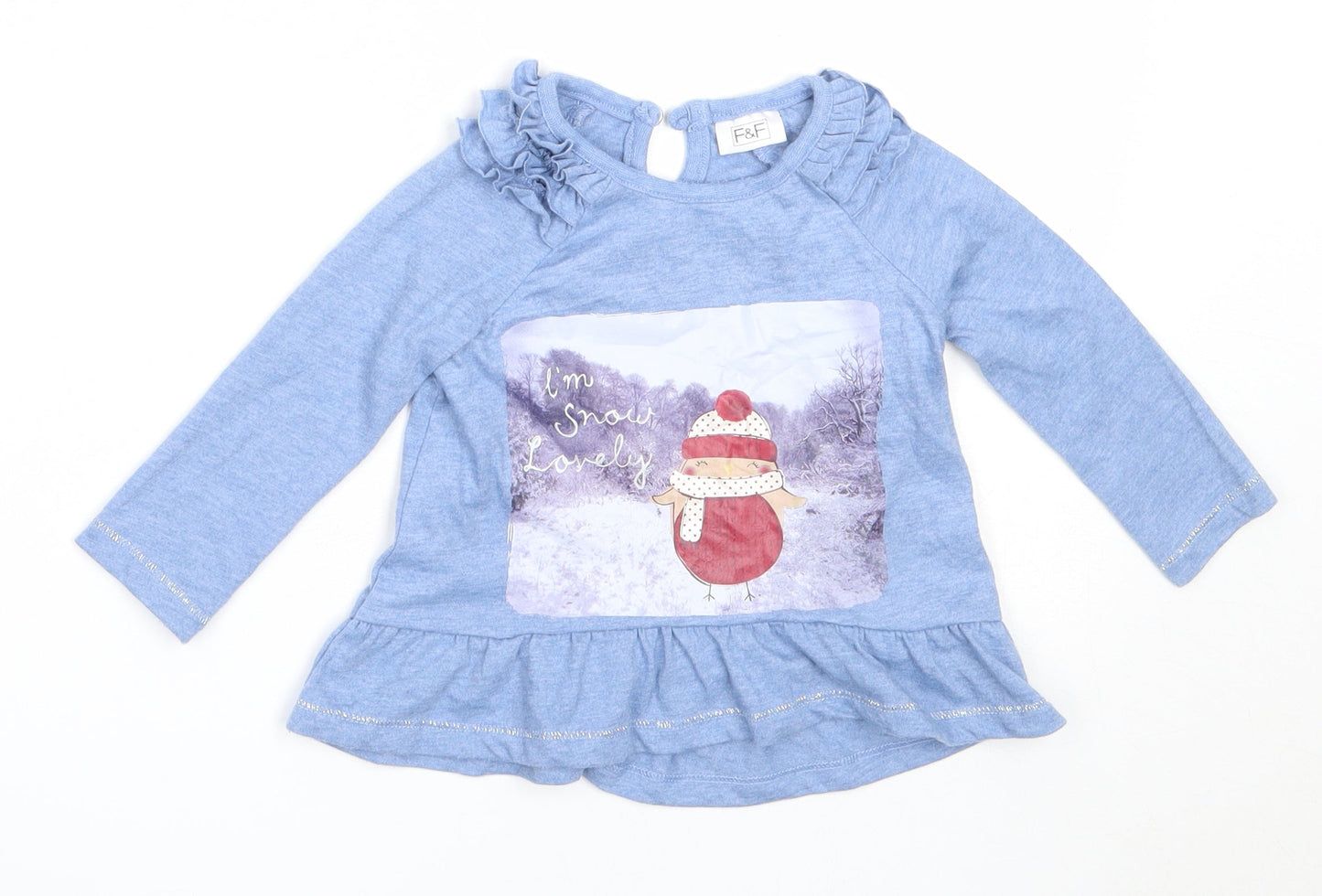 F&F Girls Blue  Polyester Basic T-Shirt Size 3-6 Months Round Neck