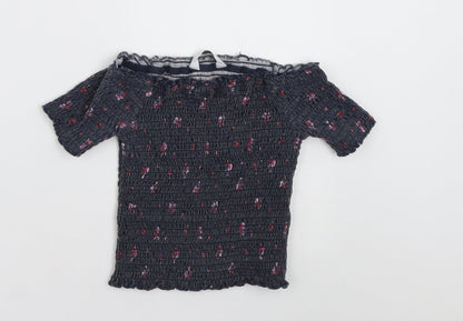 Primark Girls Grey Floral Cotton Tunic T-Shirt Size 7-8 Years Off the Shoulder Pullover
