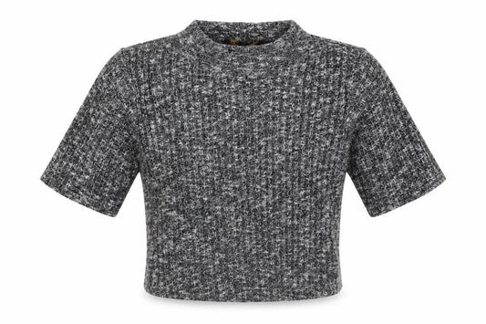 Front view of Ayanapa women’s grey polyester cropped t-shirt, size UK 8, high neck