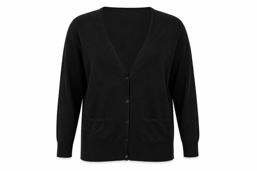 Front view of Papaya women’s black v-neck viscose cardigan jumper, size UK 10