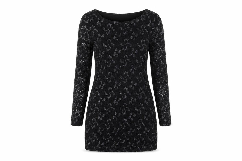 Front view of Mela Loves London women’s black floral polyester bodycon, size UK 10, round neck - lace overlay