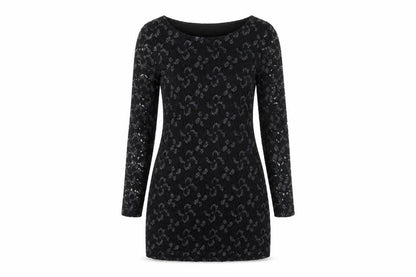 Front view of Mela Loves London women’s black floral polyester bodycon, size UK 10, round neck - lace overlay
