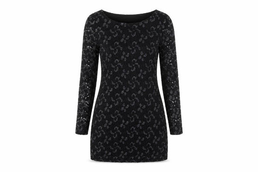 Front view of Mela Loves London women’s black floral polyester bodycon, size UK 10, round neck - lace overlay