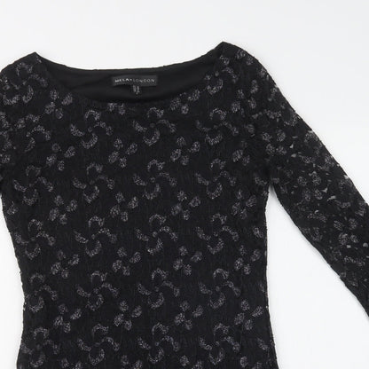 Mela Loves London Womens Black Floral Polyester Bodycon  Size 10  Round Neck  - Lace Overlay