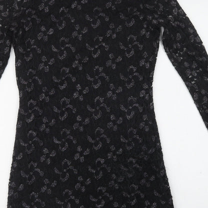 Mela Loves London Womens Black Floral Polyester Bodycon  Size 10  Round Neck  - Lace Overlay