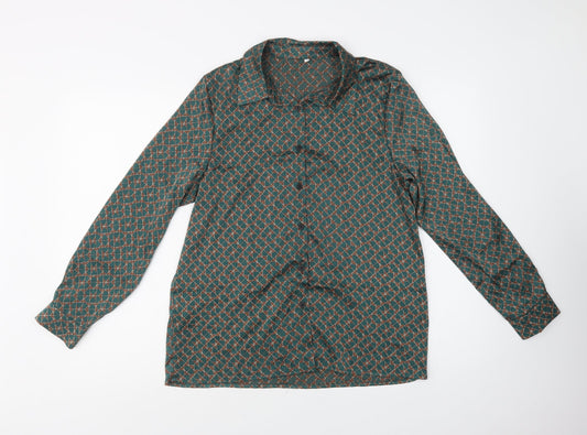 SheIn Womens Green Geometric Polyester Basic Button-Up Size M Collared