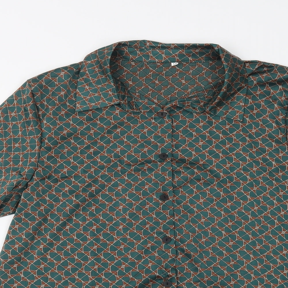 SheIn Womens Green Geometric Polyester Basic Button-Up Size M Collared