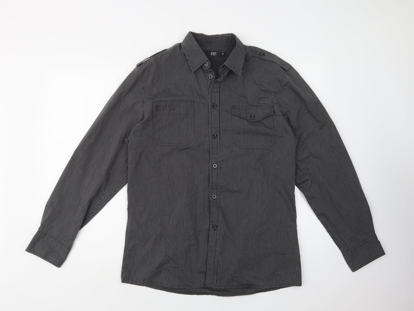 F&F Mens Black Striped Cotton  Button-Up Size M Collared Button