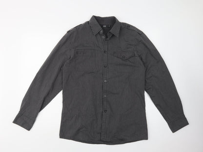 F&F Mens Black Striped Cotton  Button-Up Size M Collared Button