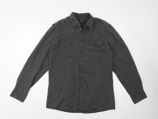 F&F Mens Black Striped Cotton  Button-Up Size M Collared Button