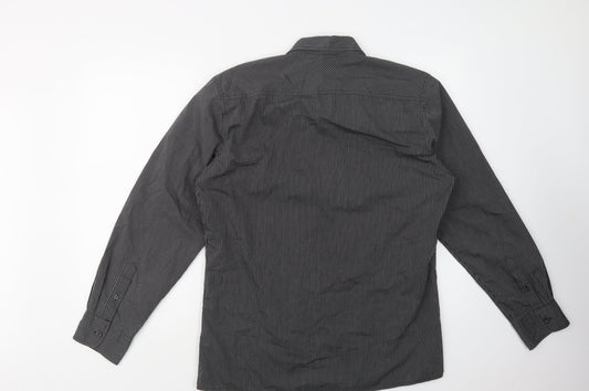 F&F Mens Black Striped Cotton  Button-Up Size M Collared Button