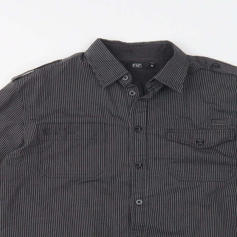 F&F Mens Black Striped Cotton  Button-Up Size M Collared Button