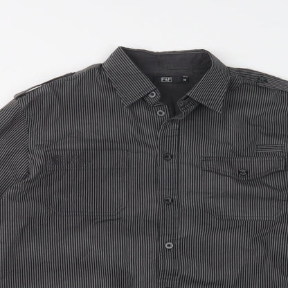 F&F Mens Black Striped Cotton  Button-Up Size M Collared Button