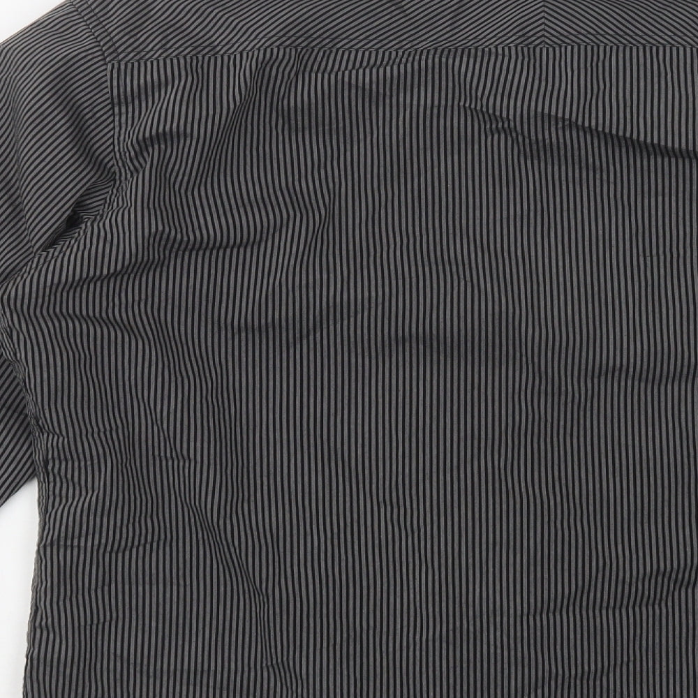 F&F Mens Black Striped Cotton  Button-Up Size M Collared Button