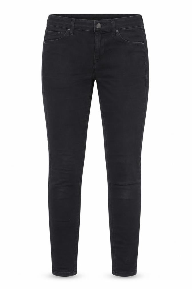 Front view of Topshop women’s black cashgora skinny jeans, size UK 28, 30-inch leg regular button