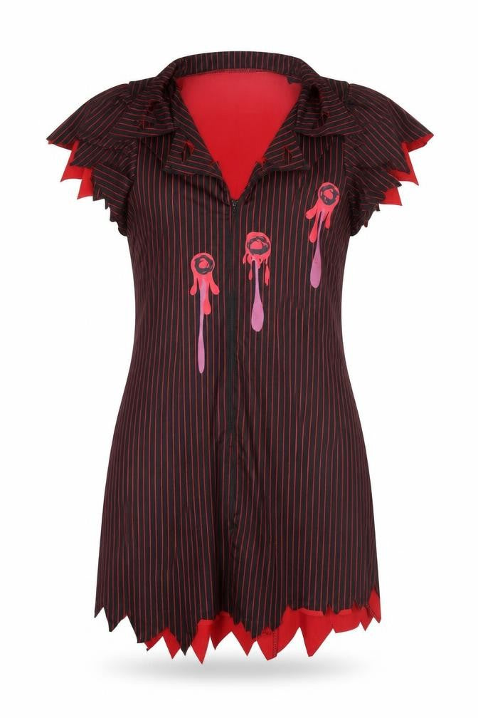 Front view of Smiffys women’s black striped polyester bodycon, size M, collared zip - bullet wound dress