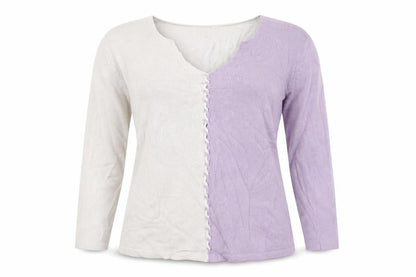 Front view of Damart women’s purple v-neck cotton jumper, size UK 12