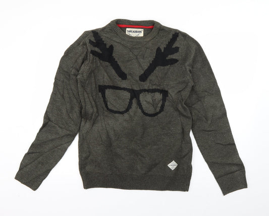 Threadbare Mens Green Crew Neck  Acrylic Pullover Jumper Size S   - Hipster Reindeer