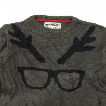 Threadbare Mens Green Crew Neck  Acrylic Pullover Jumper Size S   - Hipster Reindeer