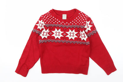 ZY Girls Red Crew Neck Geometric Acrylic Pullover Jumper Size 3-4 Years  Pullover