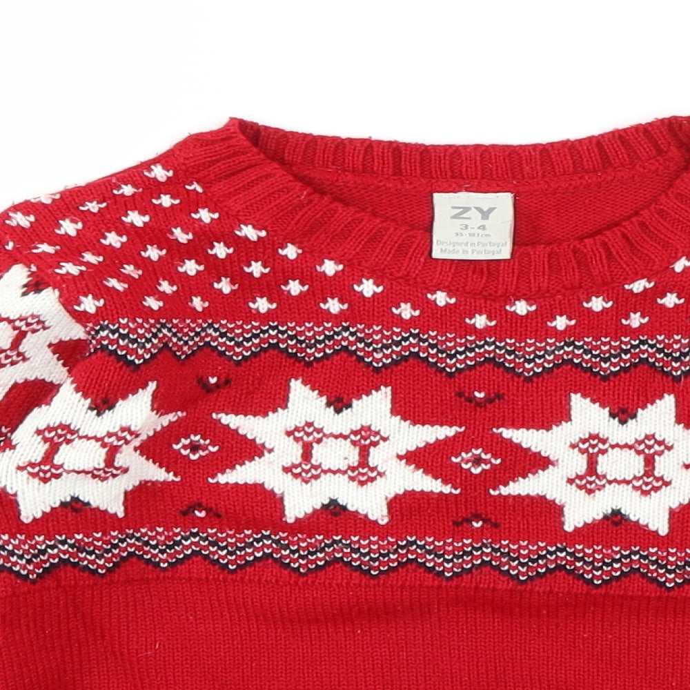 ZY Girls Red Crew Neck Geometric Acrylic Pullover Jumper Size 3-4 Years  Pullover