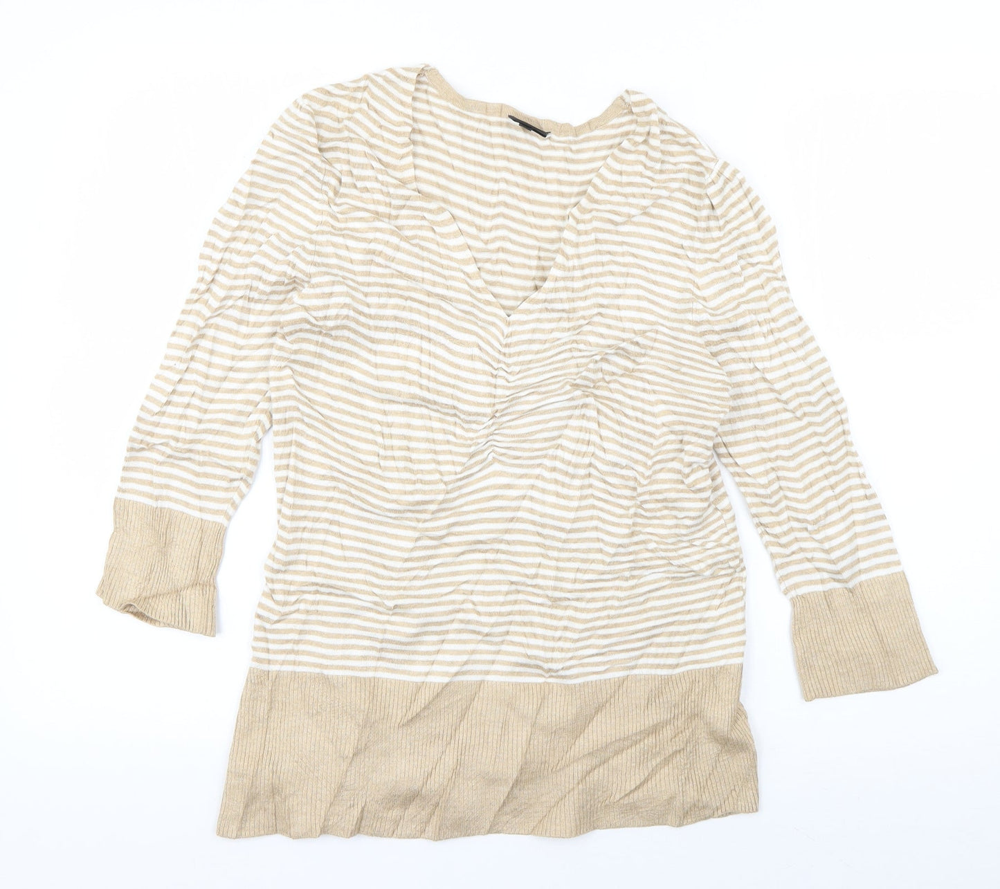 John Lewis Womens Beige V-Neck Striped Viscose Pullover Jumper Size M