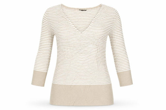 Front view of John Lewis women’s beige v-neck striped viscose jumper, size M