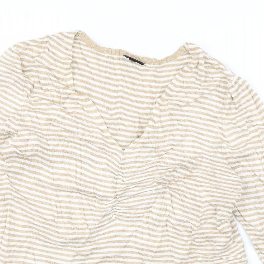 John Lewis Womens Beige V-Neck Striped Viscose Pullover Jumper Size M