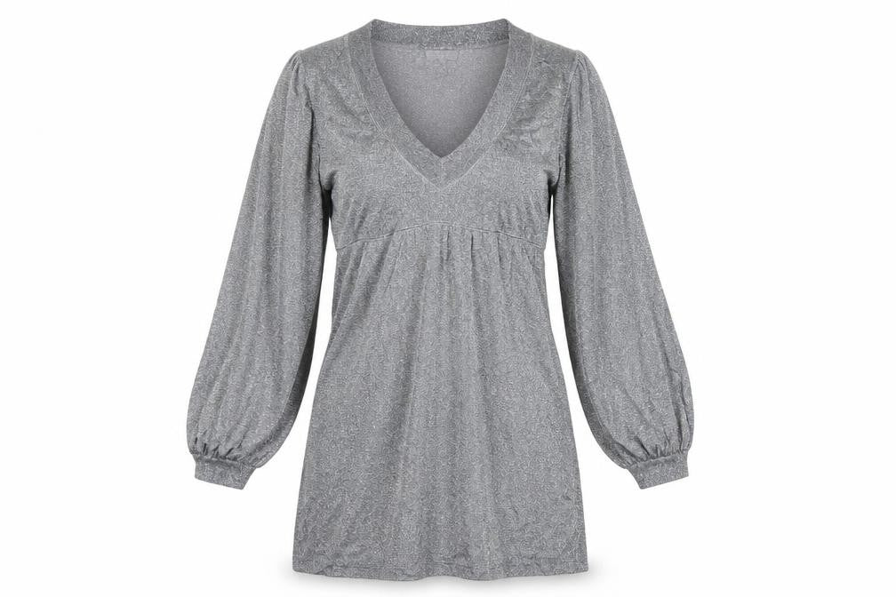 Front view of Topshop women’s grey viscose t-shirt dress, size UK 10, v-neck pullover