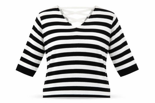 Front view of Amaryllis women’s white v-neck striped acrylic jumper, size UK 12