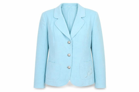 Front view of Gelco women’s blue polyester jacket blazer, size UK 14