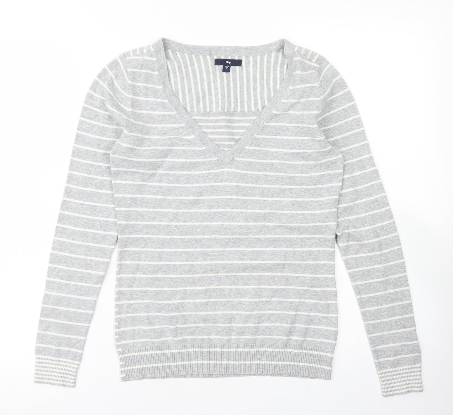 Gap Womens Grey V-Neck Striped Cotton Pullover Jumper Size S