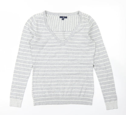 Gap Womens Grey V-Neck Striped Cotton Pullover Jumper Size S