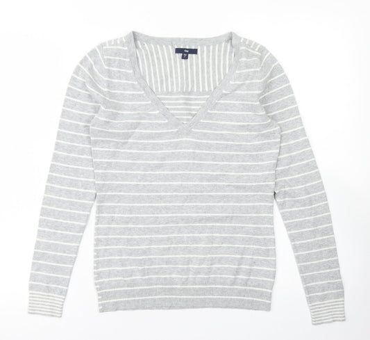 Gap Womens Grey V-Neck Striped Cotton Pullover Jumper Size S