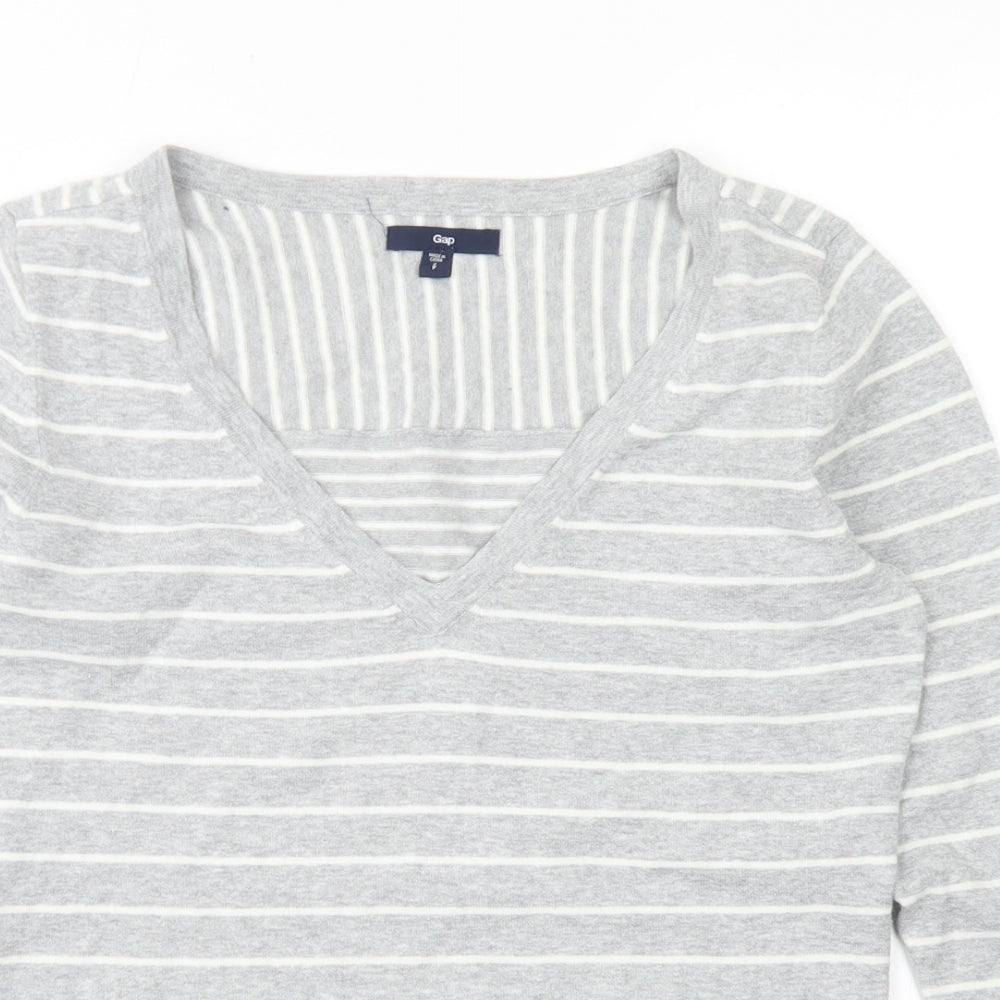 Gap Womens Grey V-Neck Striped Cotton Pullover Jumper Size S