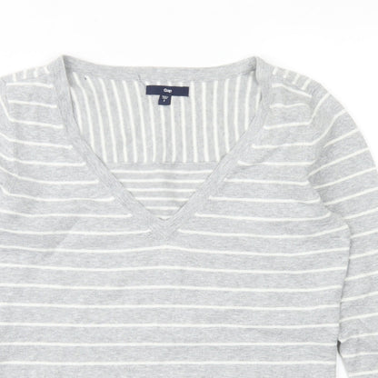 Gap Womens Grey V-Neck Striped Cotton Pullover Jumper Size S