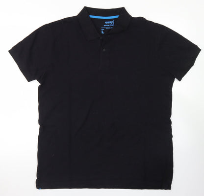 Easy Mens Black  Cotton  Polo Size L Collared Button