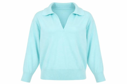 Front view of Nouveau Edition women’s blue collared viscose jumper, size L
