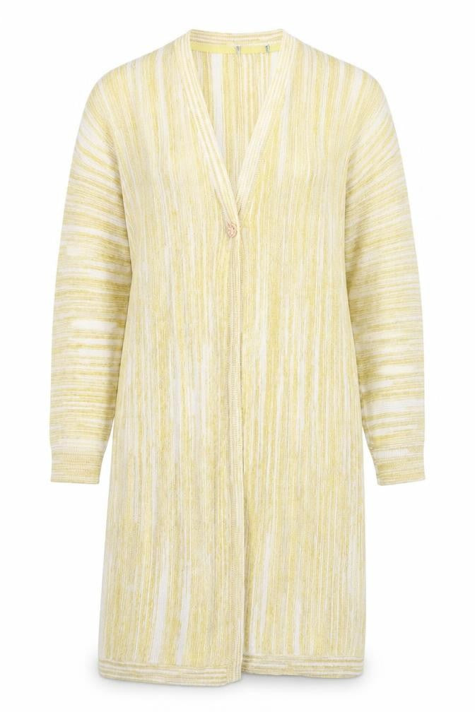 Front view of Tu women’s yellow v-neck striped cotton cardigan jumper, size UK 8