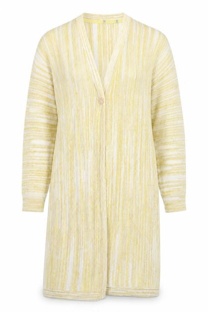 Front view of Tu women’s yellow v-neck striped cotton cardigan jumper, size UK 8