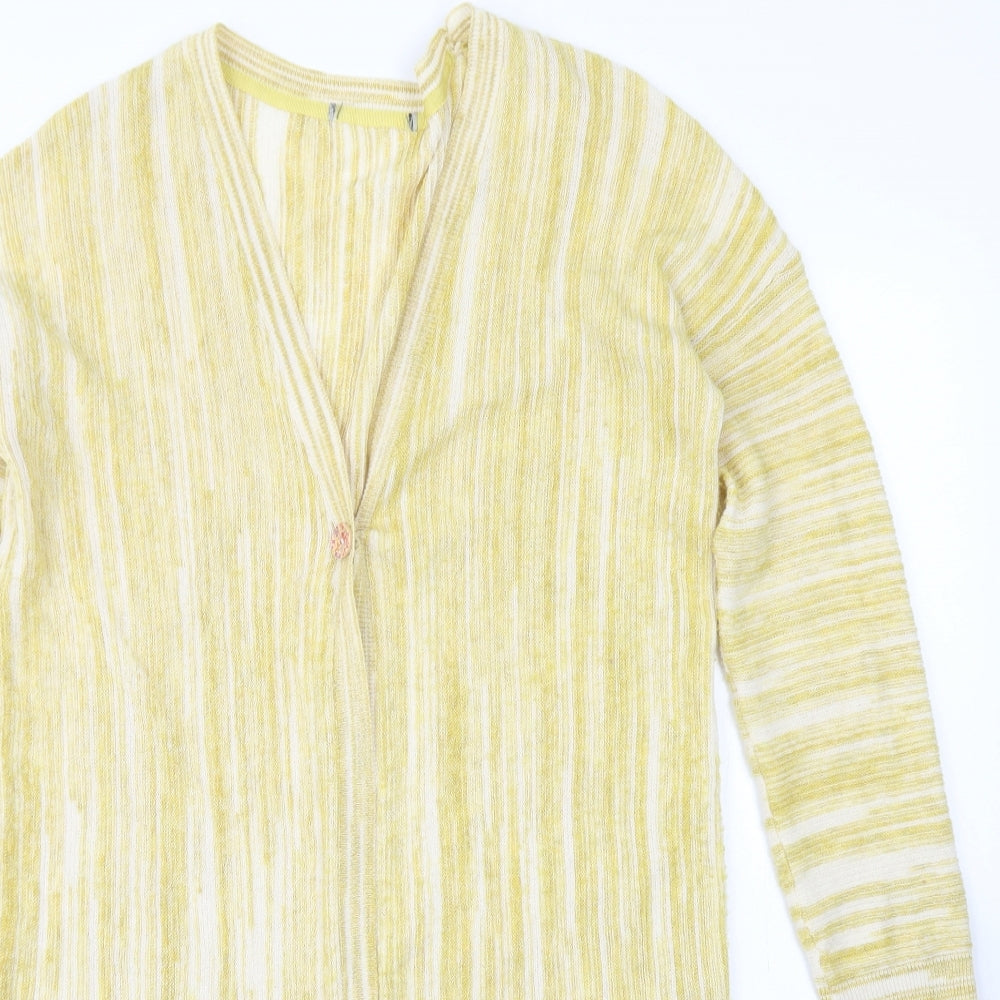 TU Womens Yellow V-Neck Striped Cotton Cardigan Jumper Size 8