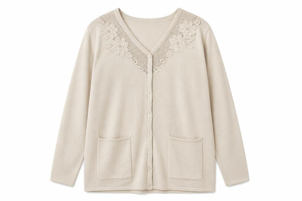 Front view of Alexara women’s beige v-neck acrylic cardigan jumper, size L