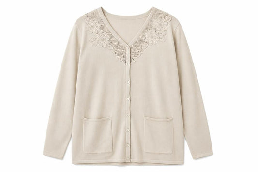 Front view of Alexara women’s beige v-neck acrylic cardigan jumper, size L