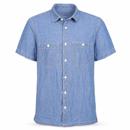 Front view of The Stronghold men’s blue cotton button-up, size XS, collared