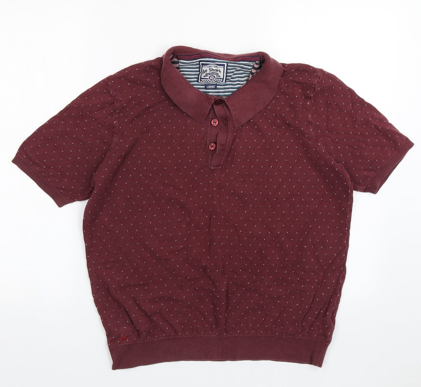 le shark Mens Red Geometric Cotton  Polo Size L Collared Button