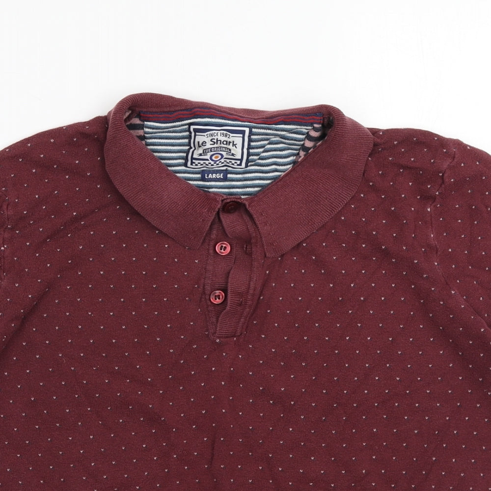 le shark Mens Red Geometric Cotton  Polo Size L Collared Button